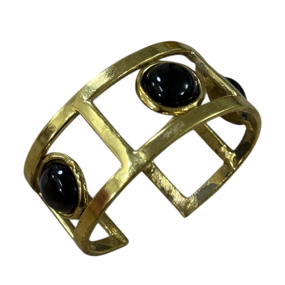 Vintage Gold Tone Black Cabochon Cuff Bracelet Statement 80s Art Deco Inspired - Picture 4 of 4